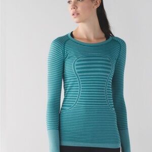 Lululemon Athletica Swiftly Heathered Forage Teal Striped Long Sleeve Top